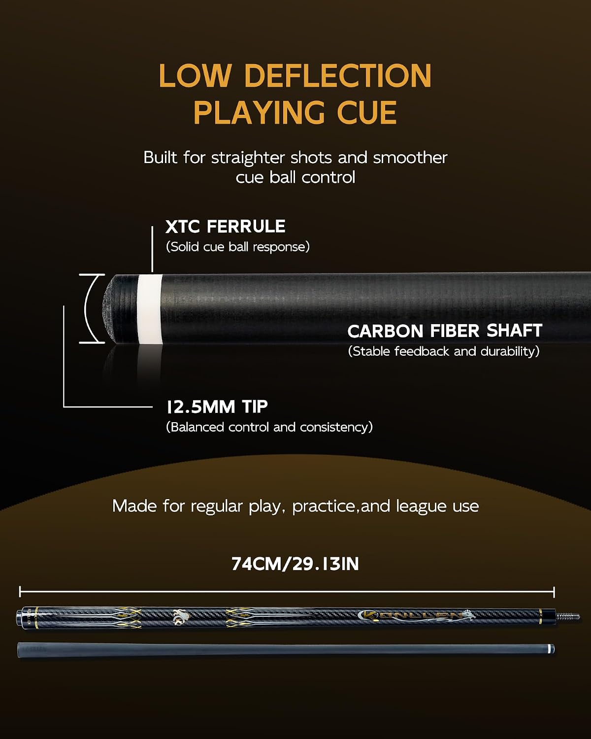 KONLLEN Carbon Fiber Pool Cue Stick 58-inch Professional Pool Sticks for Adults Full Carbon Technology Low Deflection Pool Cue Billiard Cues with 12.5mm Tip (Easy to Control, Pro Taper, Ultra-Smooth)