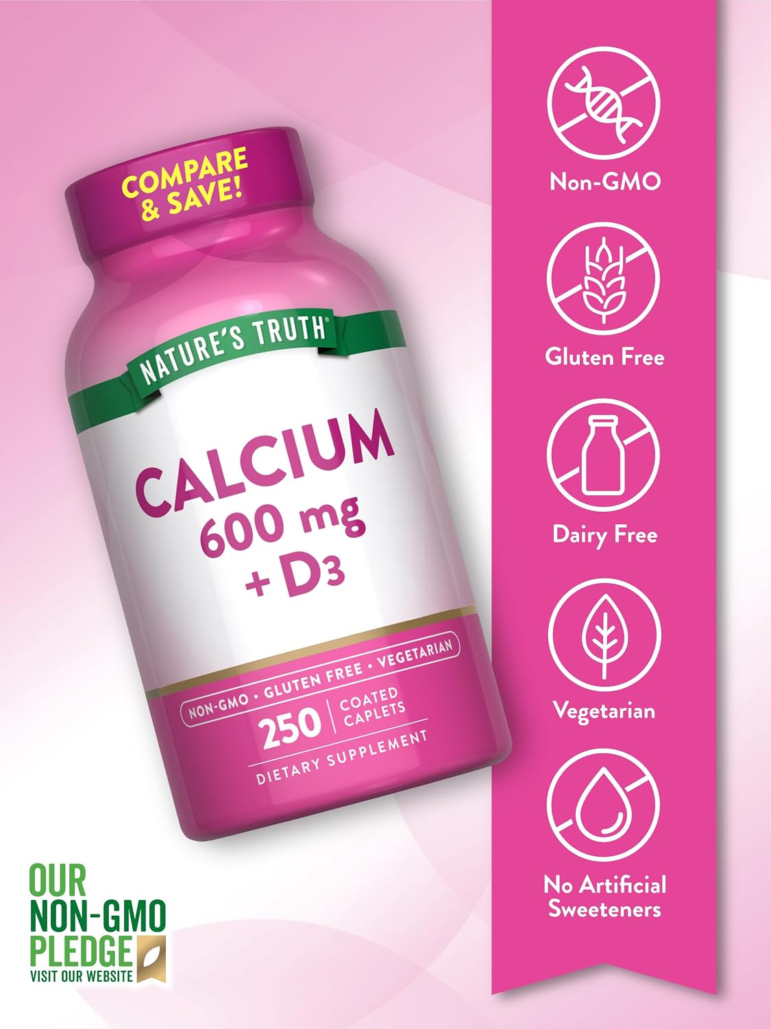 Nature's Truth Calcium 600mg with Vitamin D3 | 250 Caplets | Calcium Carbonate | Vegetarian