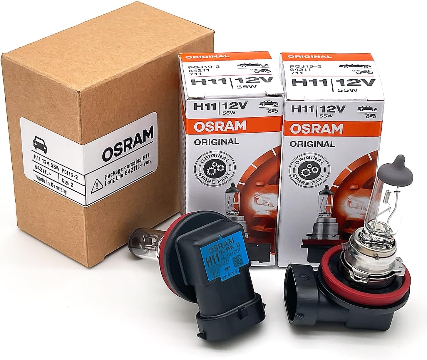 OSRAM H11 OEM Original Standard Halogen Headlight Bulbs 12V 55W 64211L+ (Long Life) Made in Germany | Pack of 2 | Long Life, 3200K, 12V, 55W