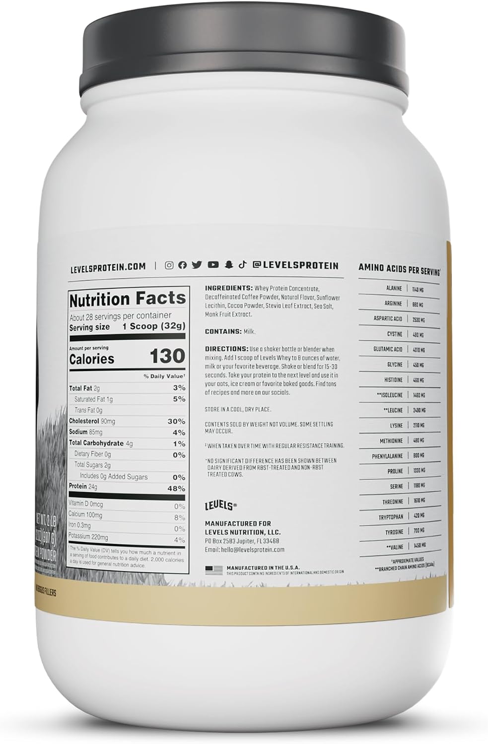 Levels Whey Protein Powder, No Artificial Ingredients, Pure Chocolate, 5LB | 24G of Protein, 5.4G BCAAs, Clean Ingredients, Hormone Free Dairy, No Fillers, No Added Sugar, No Junk