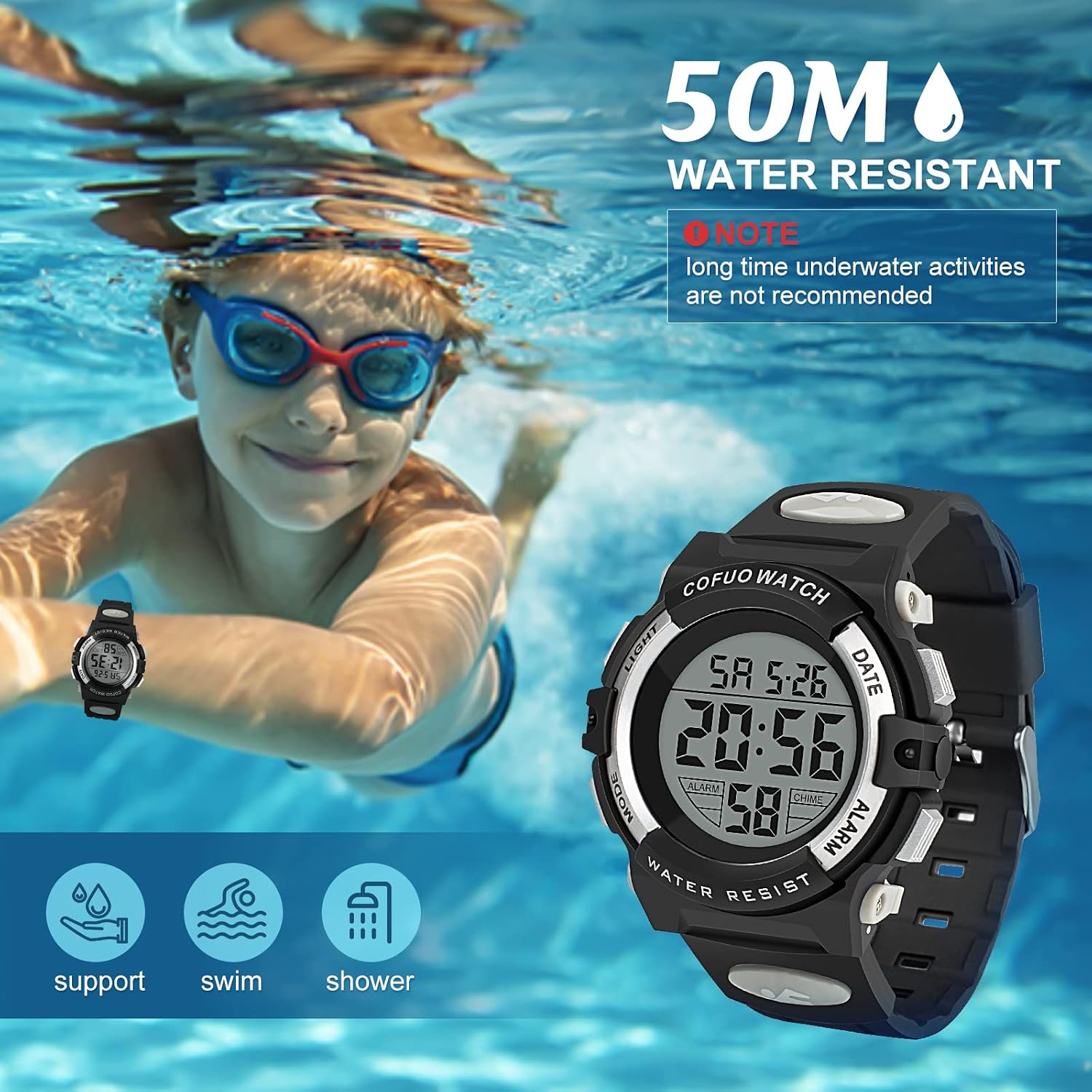 cofuo Kids Digital Watch for Boys Girls, Boys Watches Ages 3-17,Sport Outdoor Watch for Kid, 50M Waterproof Analog Multifunctional Chronograph LED Alarm Stopwatch Silicone Band, Kids Gift