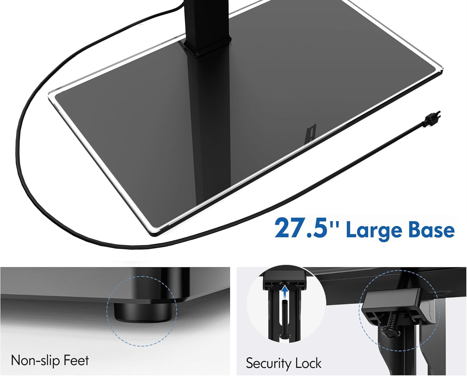 FITUEYES Universal TV Stand with Swivel Mount for 50-85 inch Flat Screens - Height Adjustable Tempered Glass Base Holds up to 143 lbs