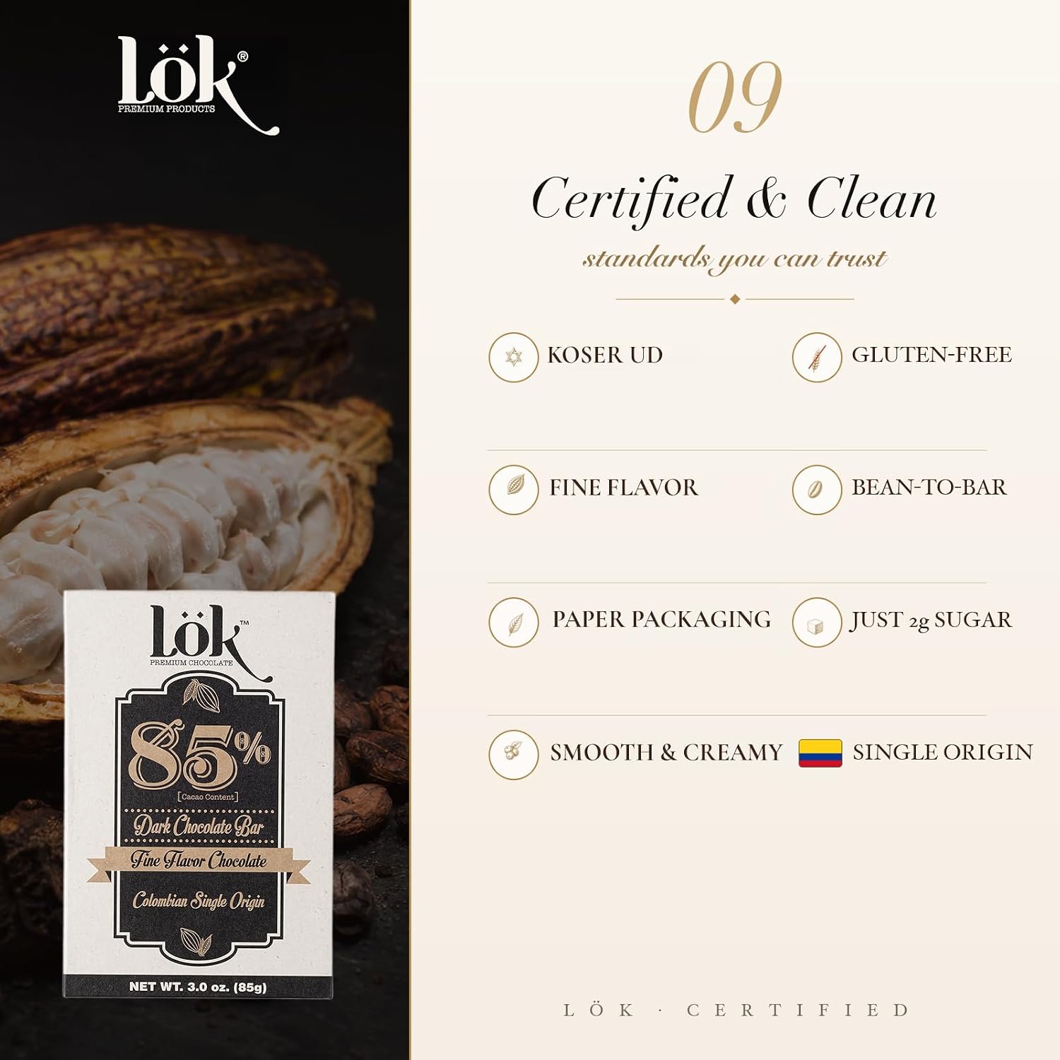 Lök Foods Dark Chocolate Bar 100% Cacao | Fair Trade, Kosher, Gluten Free, Vegan, Bean-to-Bar, Sugar-Free, No Sugar Alcohol, No Artificial Sweetener