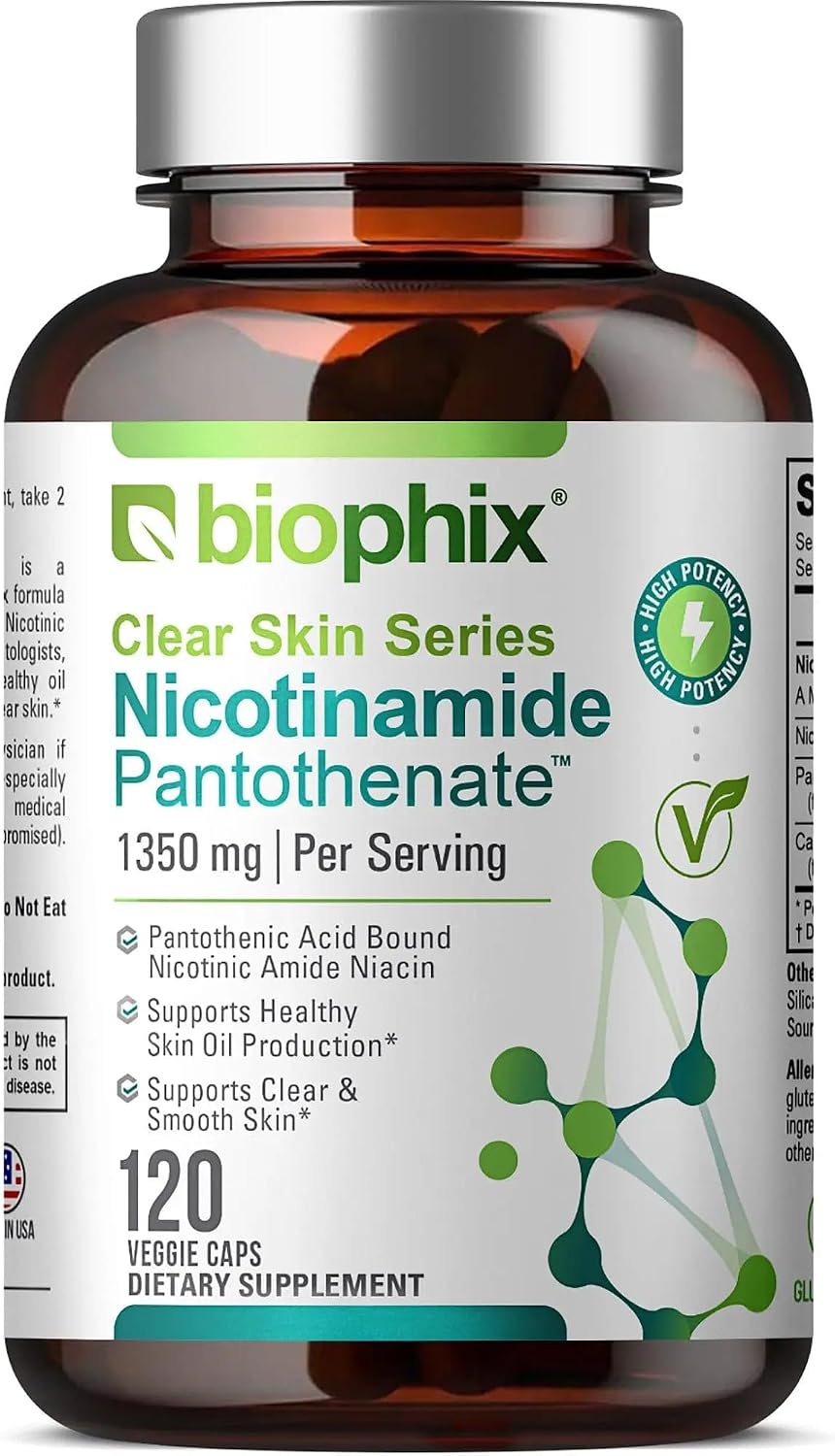 biophix B-3 Nicotinamide Pantothenate 1350 mg 120 Vcaps - Clear Skin Series B5 Pantothenic Acid Natural Flush-Free Nicotinic Amide Niacin - Supports