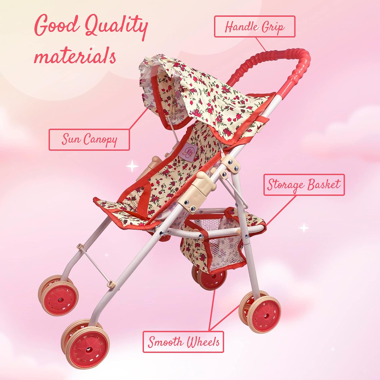 The New York Doll Collection My First Doll Stroller with Basket & Heart Design Foldable Doll Stroller, Pink