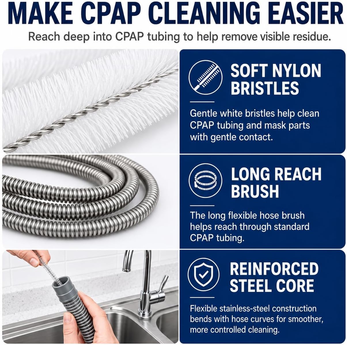 CPAP Cleaning Brush Set, 78.7 in Dual-Ended CPAP Hose Brush for 22 mm & 15 mm Tubing, Tube Cleaning Brush & Hose Cleaner Brush with Detail Brush for Mask