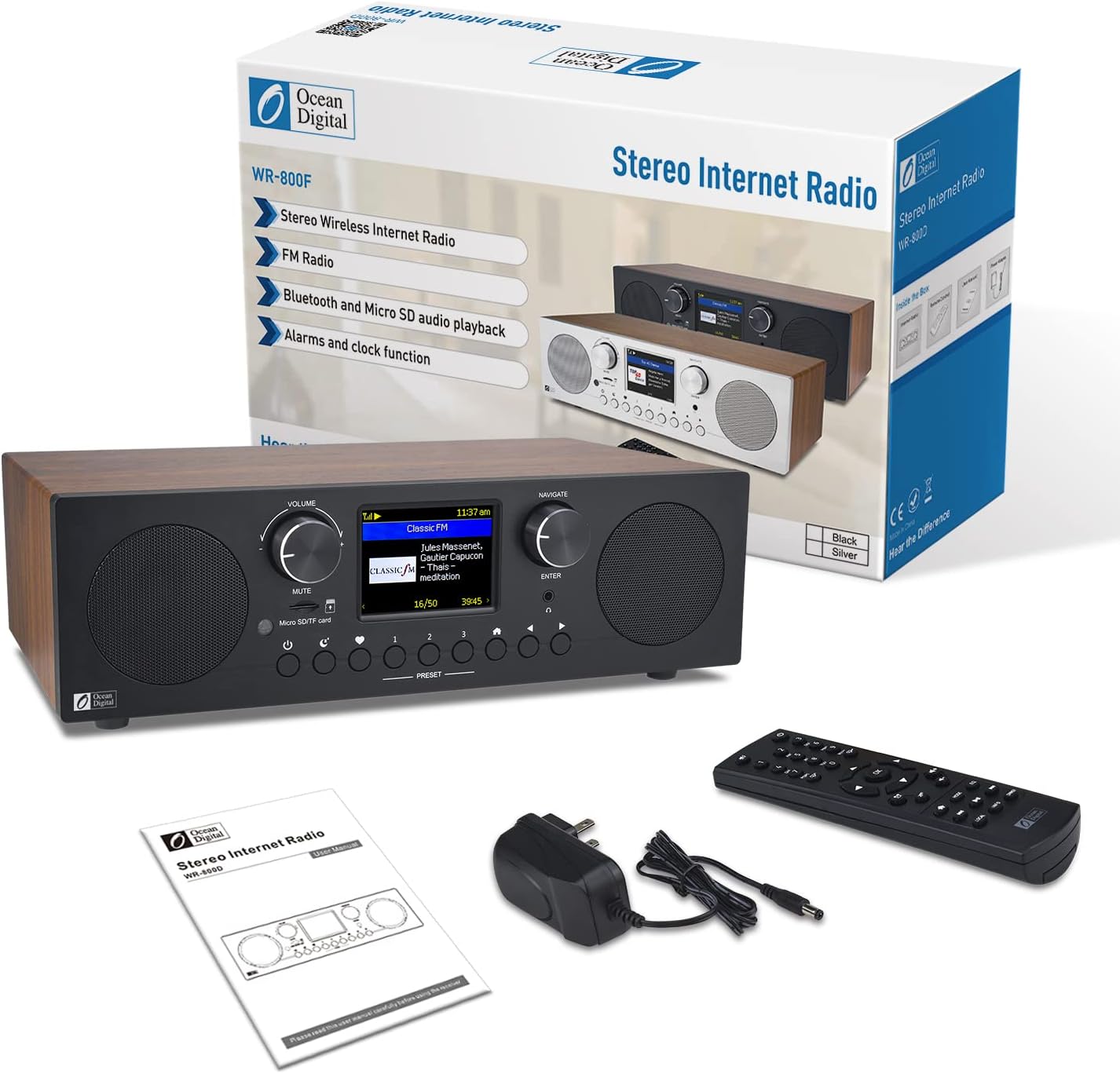 Ocean Digital WR-800 FM Wi-Fi Internet Radio Stereo Speakers Micro SD Line Out Aux in 30