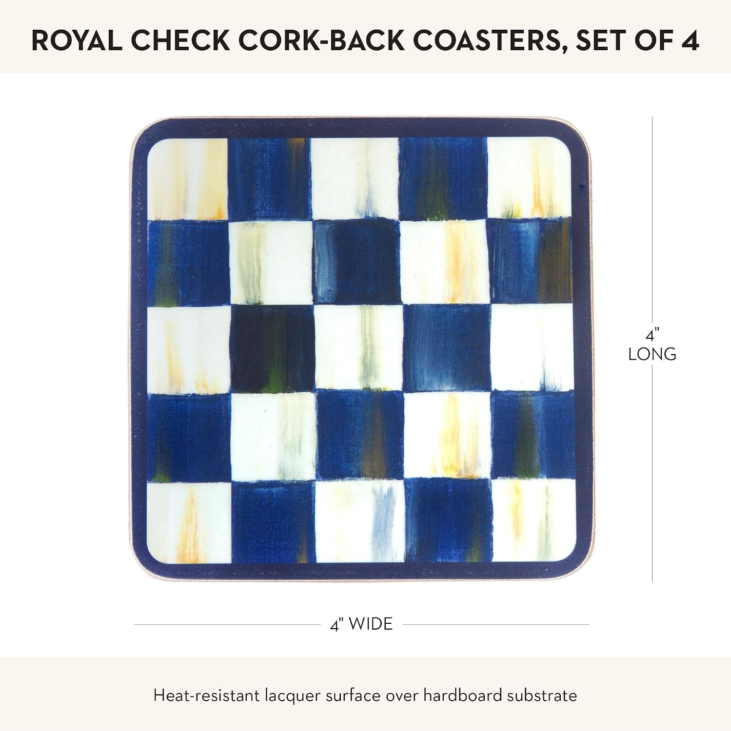 MACKENZIE-CHILDS Square Coasters Set, Black-and-White Courtly Check | Hand-painted design, made from MDF with a cork back, table coasters for drinks, 4" square, set of 4