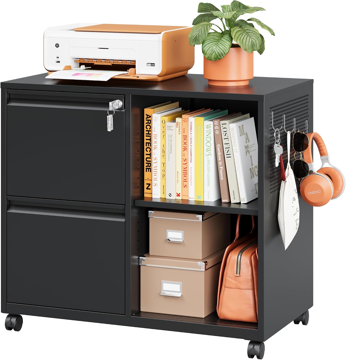 3 Drawer File Cabinet with Lock,Mobile Lateral Filing Cabinet with Side Hook for Letters/Legal/A4, Metal Printer Stand Storage Cabinets with Shelves for Home Office(Black)