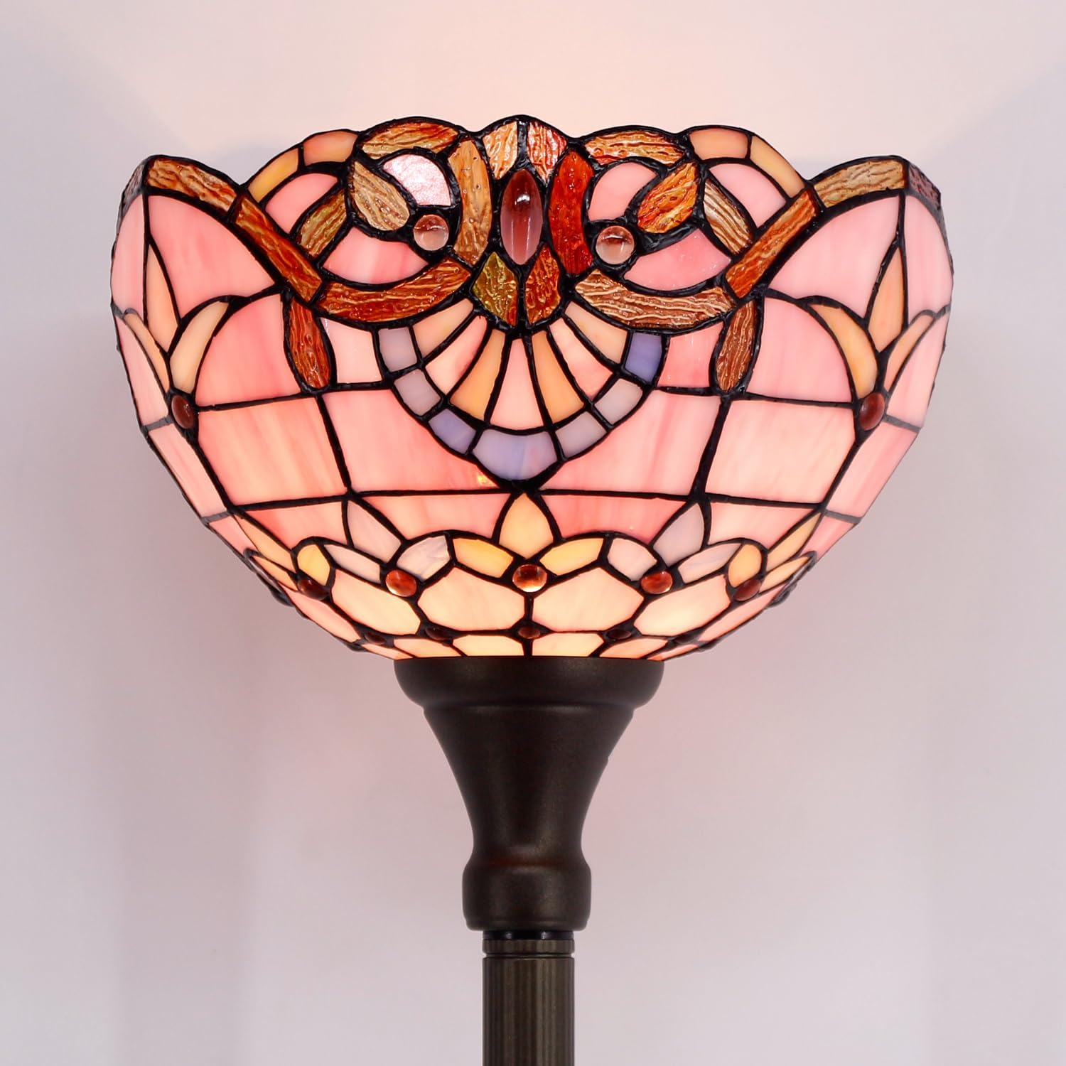 WERFACTORY Tiffany Floor Lamp Pink Baroque Stained Glass Torchiere Light | 12X12X71 Inches Pole Standing Corner Torch Uplight Decor Bedroom Living