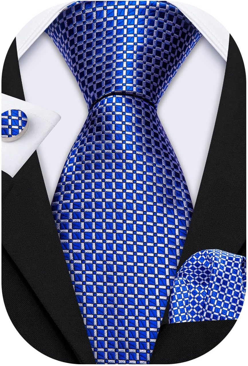 Barry.Wang Plaid Ties for Men Silk Necktie Handkerchief Cuff Links Set