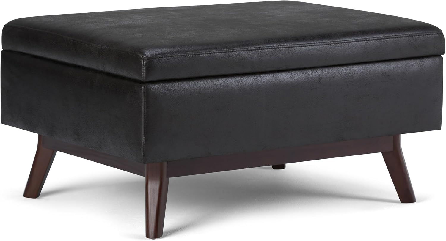 SIMPLIHOME Owen 34" Wide Vegan Leather Lift Top Ottoman in Dark Blue