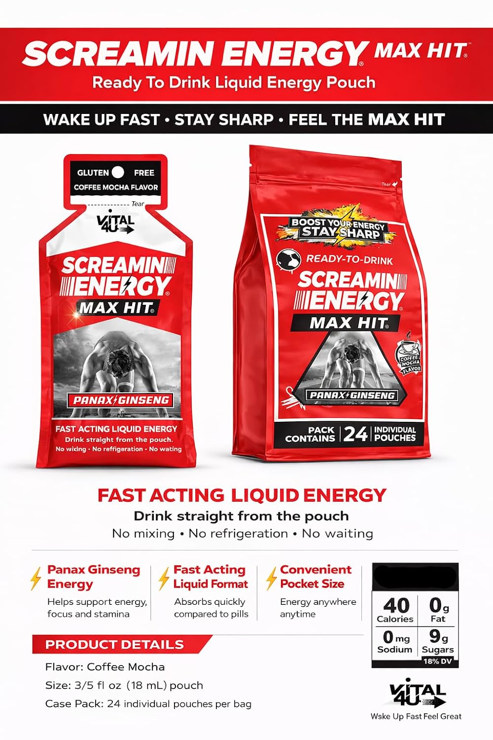 Screamin Energy Max Hit Coffee Mocha Energy Shot Pouches, 24 Count, Extra Strength Caffeine with Panax Ginseng and B Vitamins