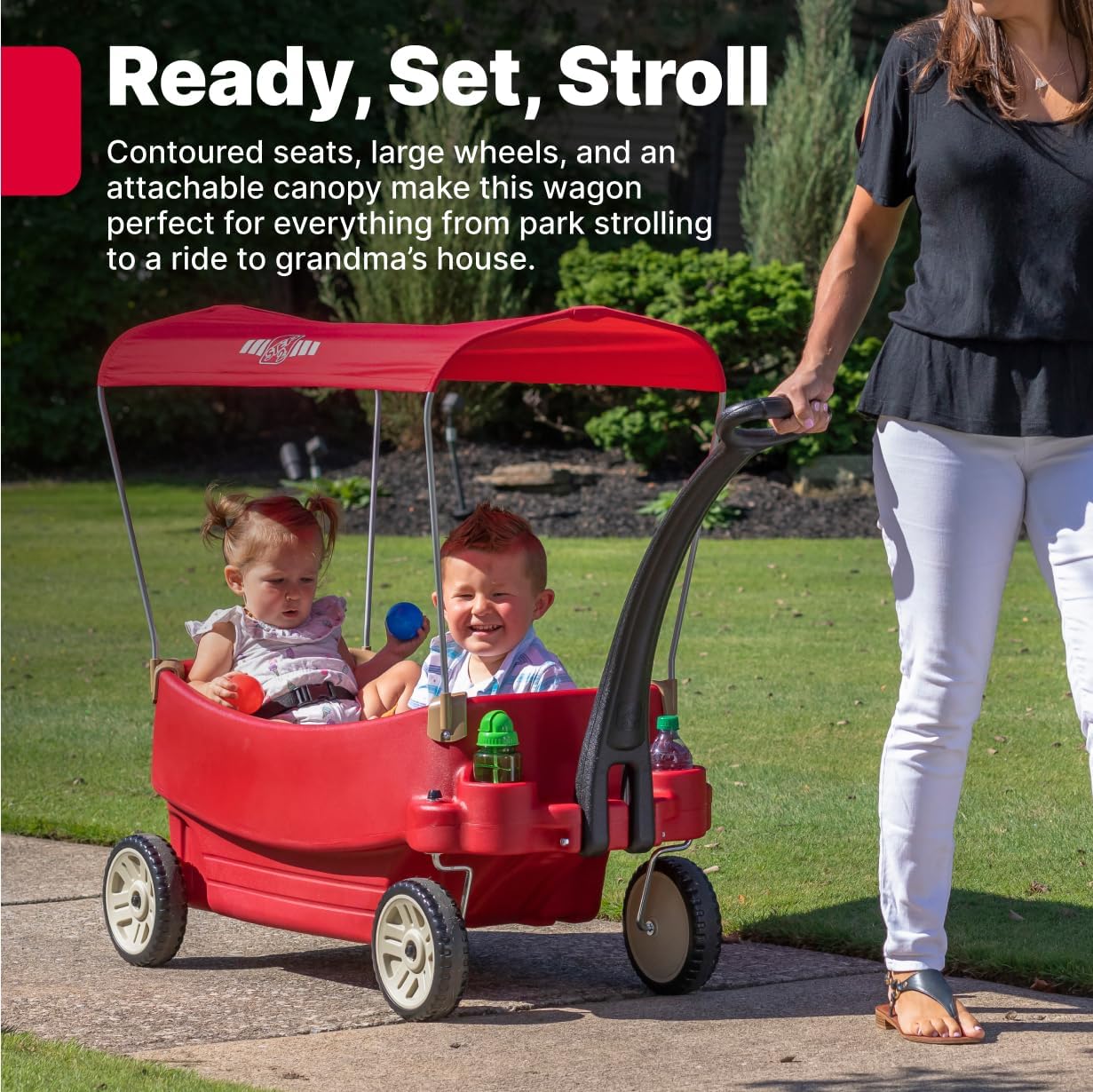 Step2 All Around Canopy Wagon, Kids Ride On Toy, Stroller Substitute, Includes Seat Belts, Made of Durable Plastic, Max Weight 75 lbs.