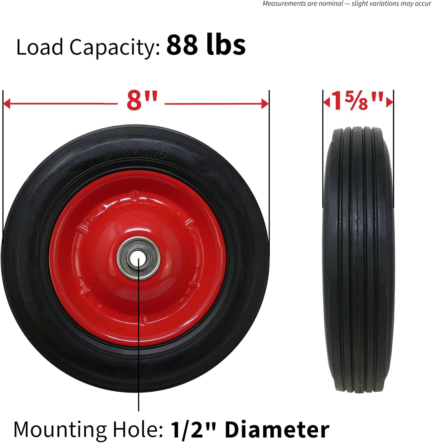 Shepherd Hardware 9636 8-Inch Semi-Pneumatic Rubber Tire, Steel Hub with Ball Bearings, Ribbed Tread, 1/2-Inch Bore Centered Axle