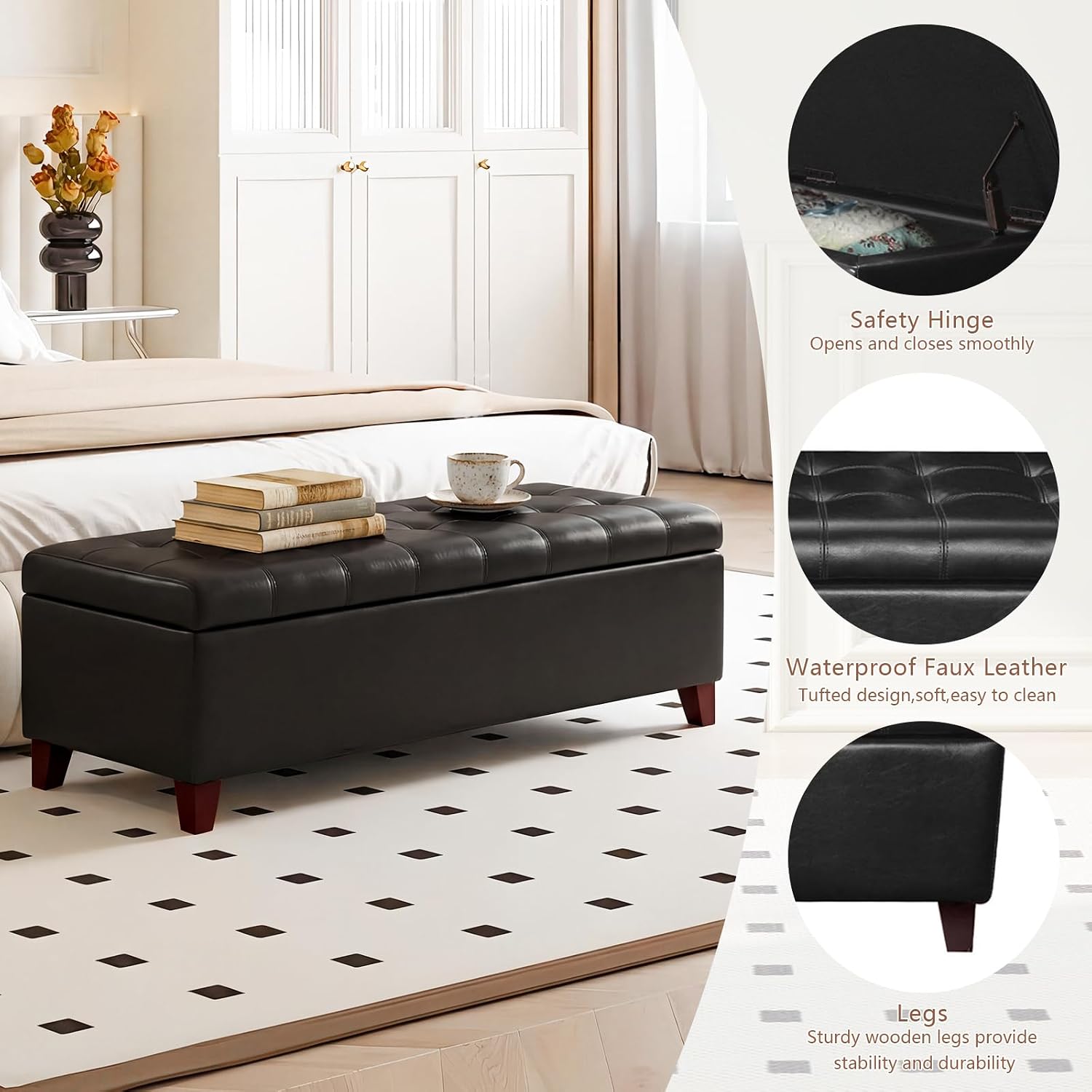 51 Inch Storage Bench,Leather Tufted Storage Ottoman with Legs | Safety Hinges,Wooden Legs,Upholstered,End of Bed,Bedroom,Living Room,Entryway,330LBS,Brown