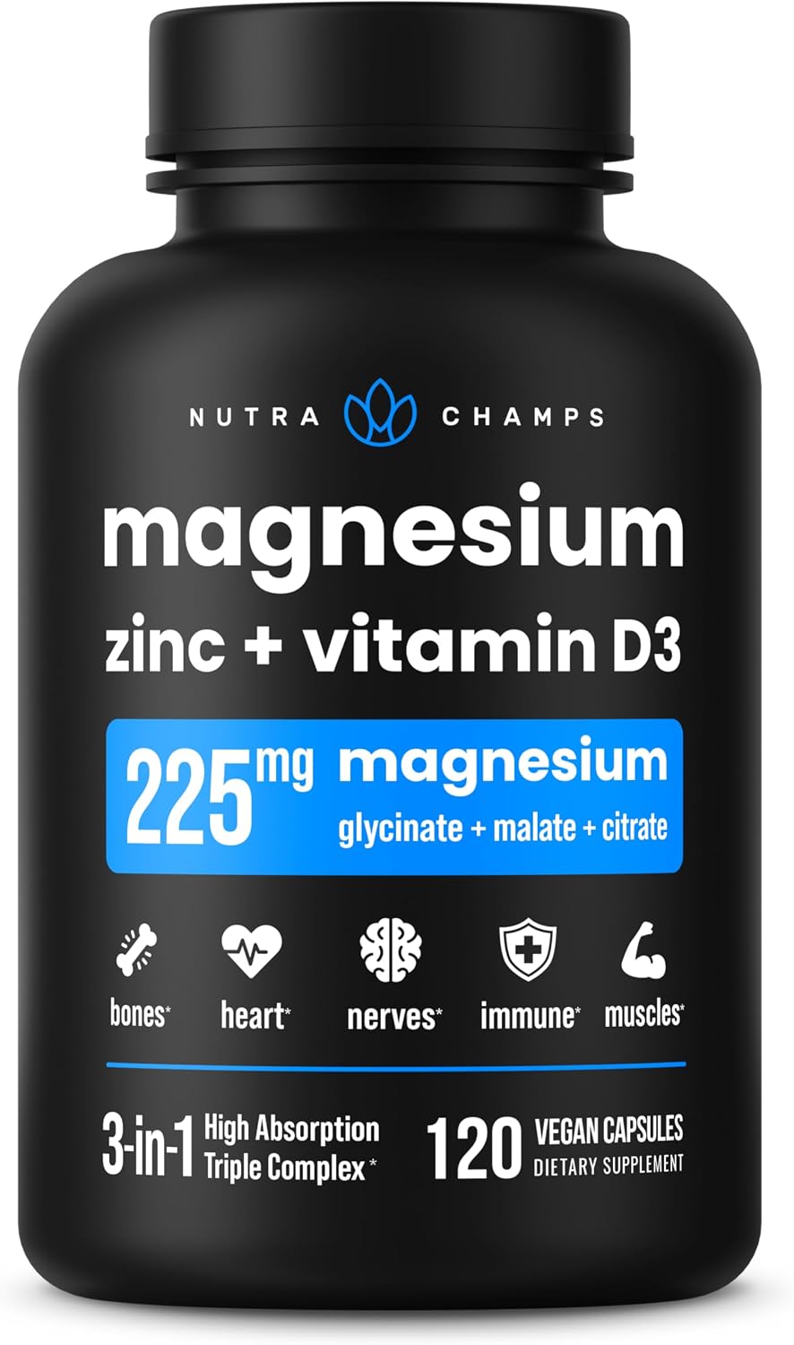 Magnesium Zinc & Vitamin D3 Supplement - Most Bioavailable Forms, Magnesium Glycinate, Malate, Citrate - Bone, Muscle & Heart Health