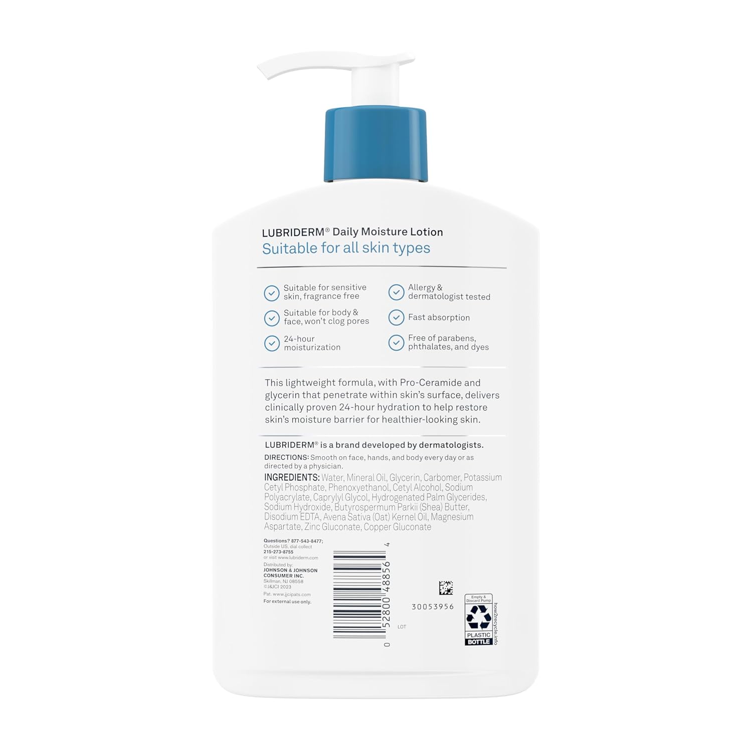Lubriderm Daily Moisture Body Lotion, Fragrance Free, 16 fl. oz | Hydrating Face, Hand & Body Lotion + Pro-Ceramide for Sensitive Skin, 24-Hour Moisturizer with Shea Butter, Non-Greasy