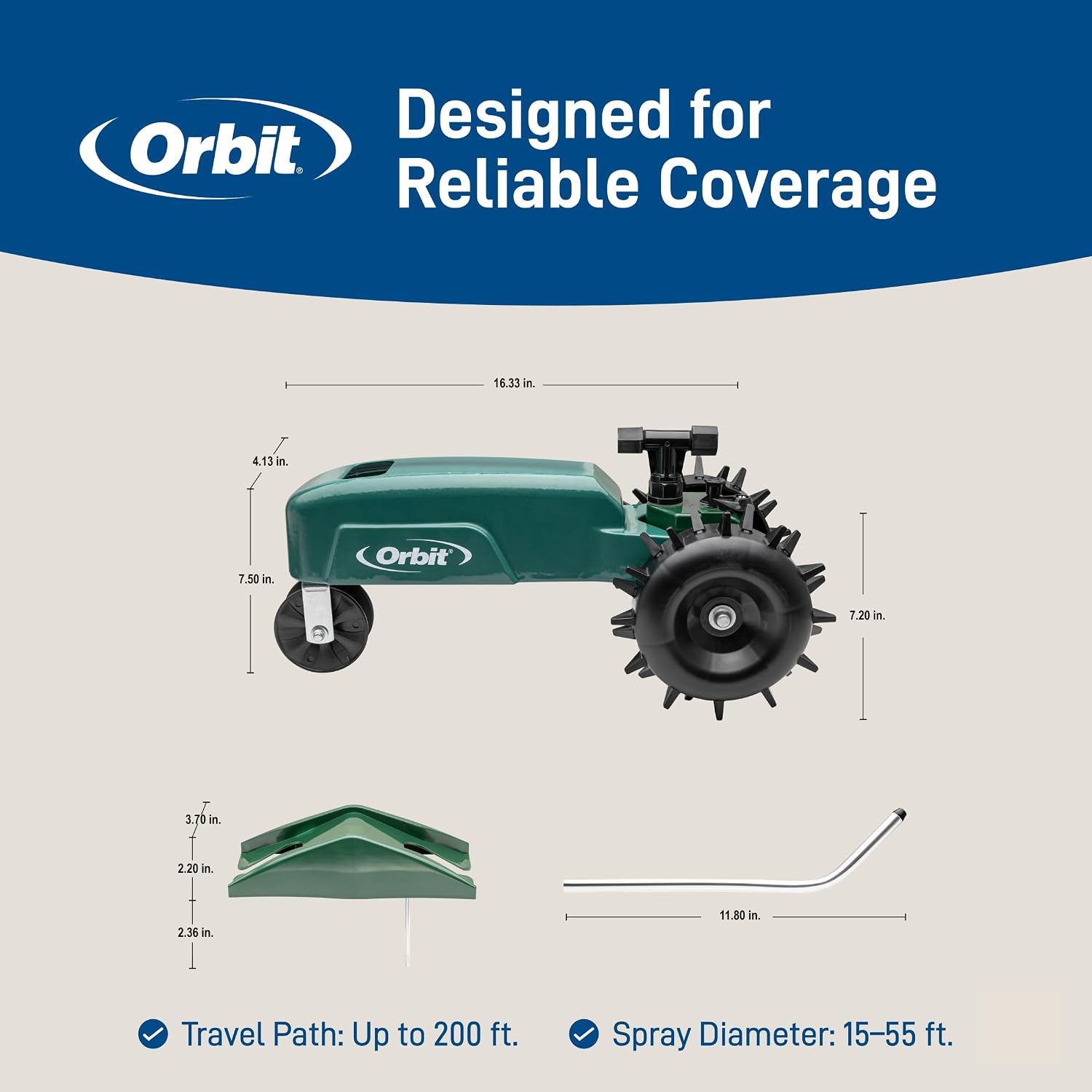 Orbit Traveling Tractor Water Sprinkler - Self-Propelled Traveling Sprinkler for Wide Lawn Coverage - Cast-Iron Body with Adjustable Coverage