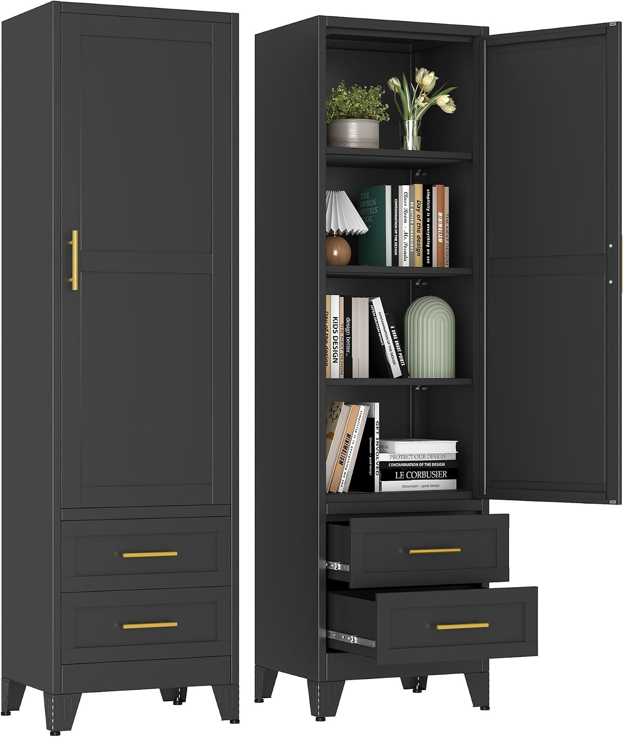pozdeg 67" Tall Narrow White Metal Storage Cabinet | 2 Doors, 4 Adjustable Shelves, Freestanding Slim Pantry Organizer for Bathroom Kitchen Living Room