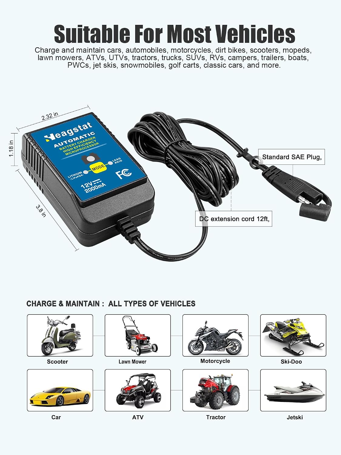 Heagstat HEAG020 Trickle Battery Charger, 12V 2000mA Battery Maintainer
