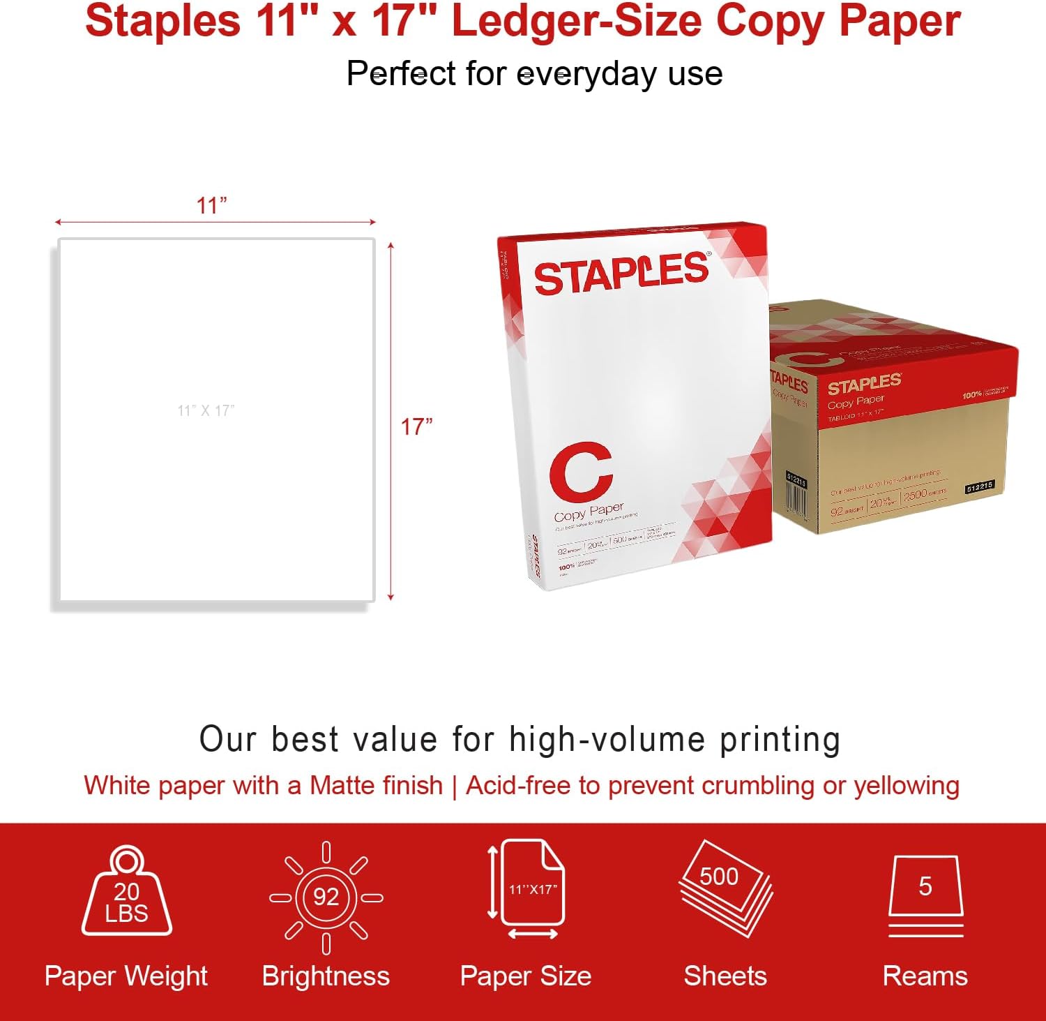 Staples TRU RED Copy & Printer Paper, 8.5 x 11, 20 lb, 92 Bright, 5,000 Sheets/Carton, White Letter Size Paper for Office, School & Home