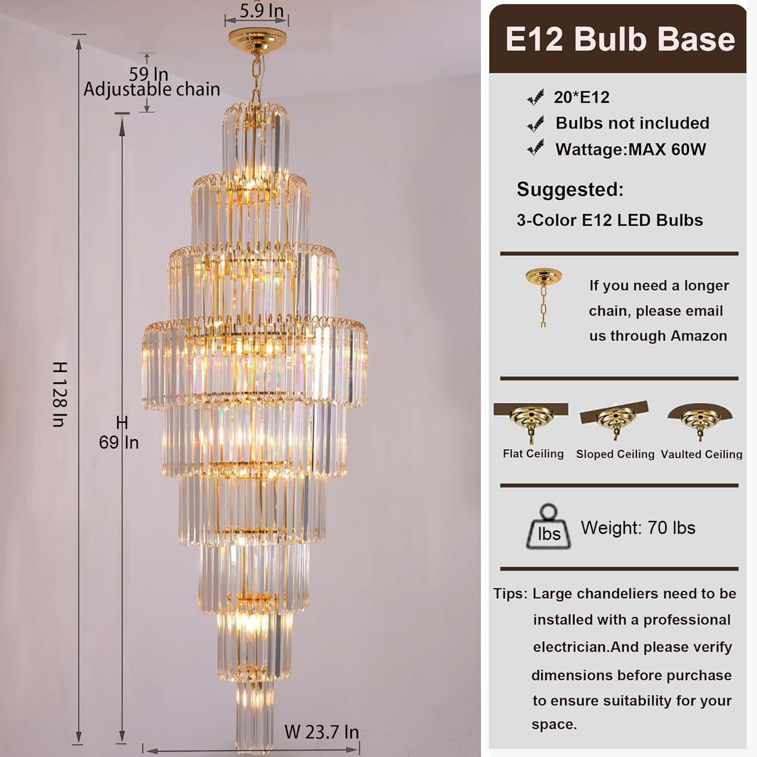 Luxury Modern Gold 9-Tier Crystal Chandelier for High Ceiling Foyer Staircase Large Entryway Light Fixture Dia23.7 20 Lights