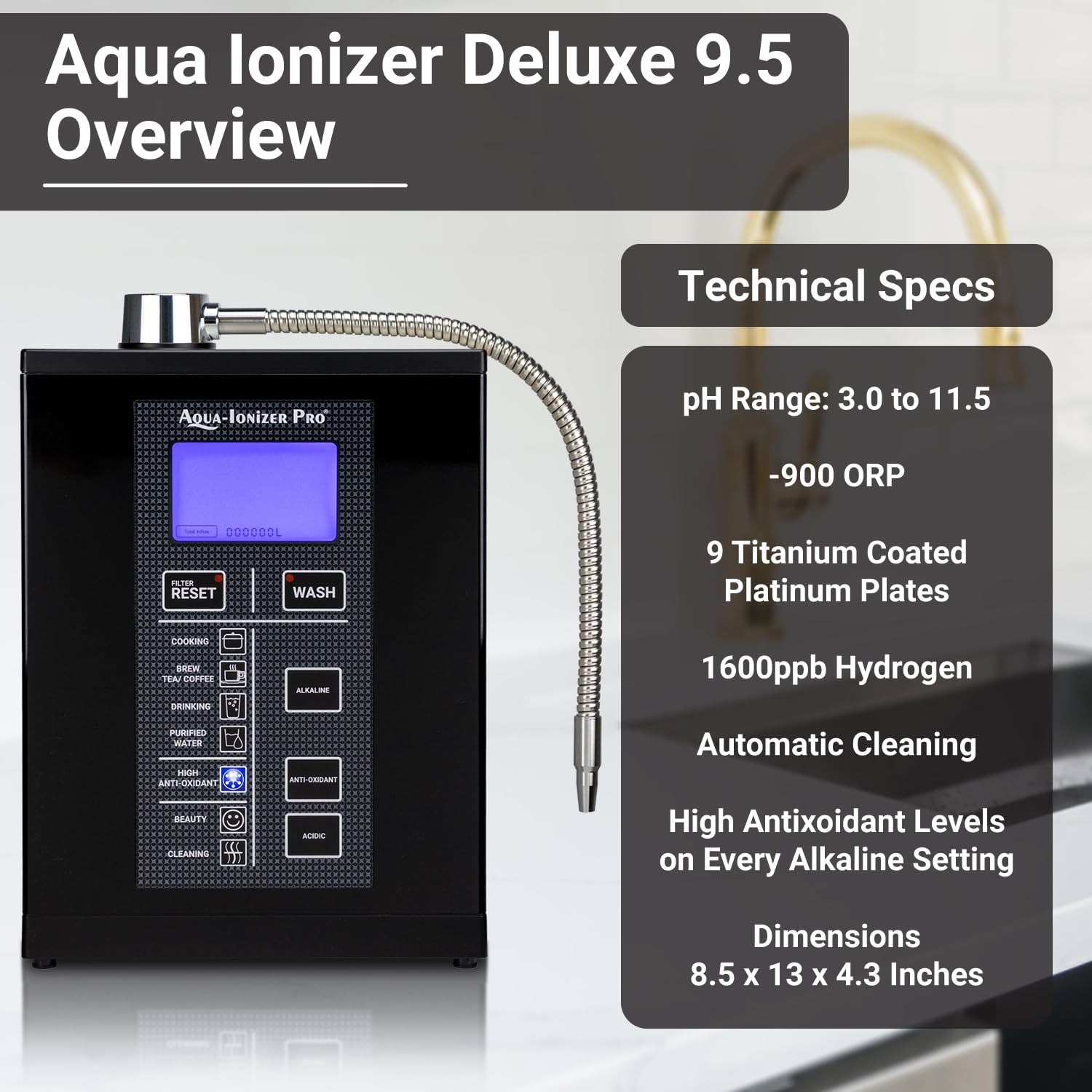 Aqua Ionizer Deluxe 9.5 Anti-Oxidant Boost Water Ionizer |Produces pH 3.0-11.5 Alkaline Water Filtration System| Up to -880mV ORP | 4000 Liters Per
