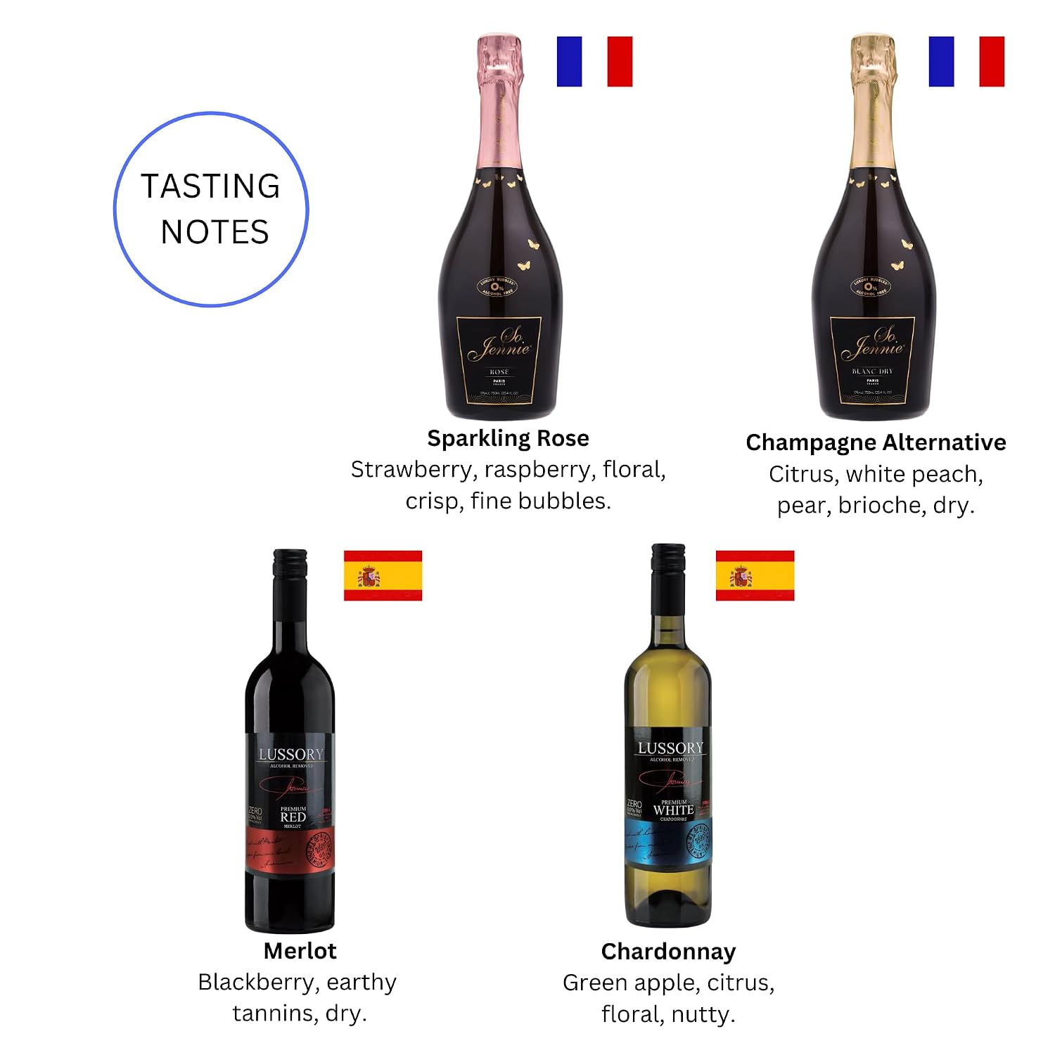 Halal Certified Wine Sampler 4 Bottles (25.4 Fl Oz Each) Lussory Merlot & Chardonnay, So Jennie Paris Rosé Sparkling & Blanc Dry (France & Spain)