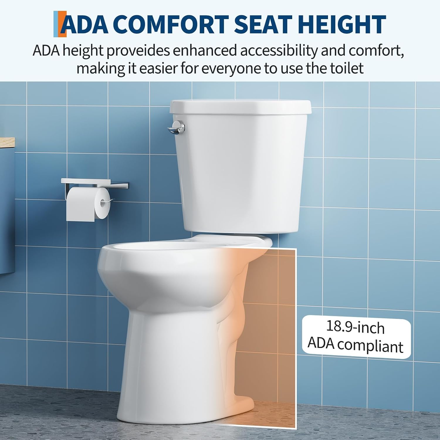 Two-Piece Toilets for Bathrooms, Comfort ADA Toilet with 19" Height, Elongated with Soft Close Seat, Power Flush 1.28 GPF