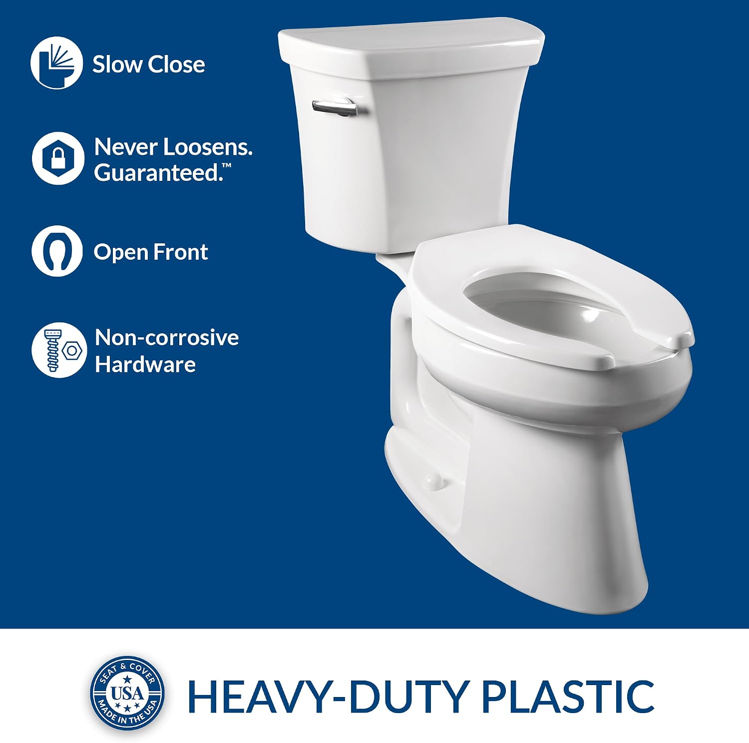 CHURCH 295CT Commercial Open Front Plastic Toilet Seat, Heavy Duty Industrial Seat without Lid, Secure Installation for Long Lasting Use, Made in USA, Elongated, Black