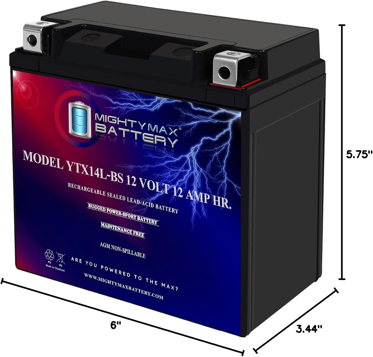 Mighty Max Battery YTX14-BS - 12 Volt 12 AH, 200 CCA, Rechargeable Maintenance Free SLA AGM Motorcycle Battery