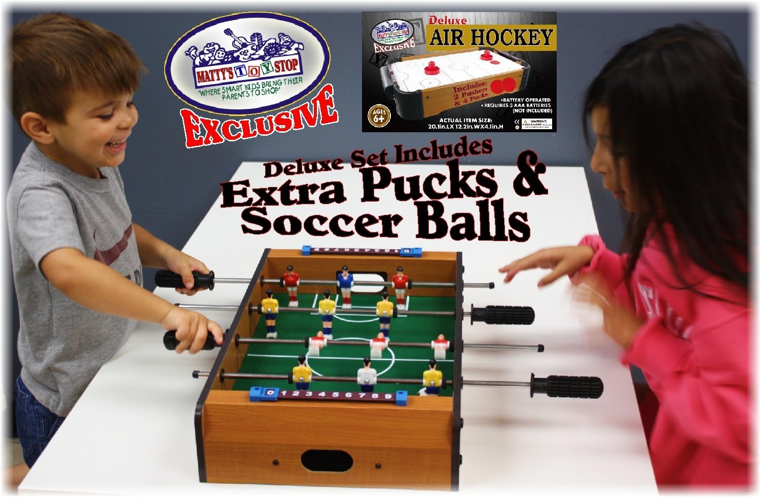 Matty's Toy Stop Deluxe 20" Wooden Table Top Air Hockey (Extra Pucks) & Foosball (Soccer) (Extra Balls) Games Gift Set Bundle - 2 Pack