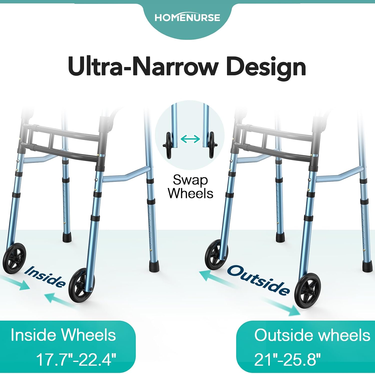 HOMENURSE Folding Walkers for Seniors with Skis, Width & Height Adjustable | Narrow Walker with 5" Wheels for Small Spaces, Aluminum Lightweight Standard Rolling Walker, Supports Up to 300lbs, Silver