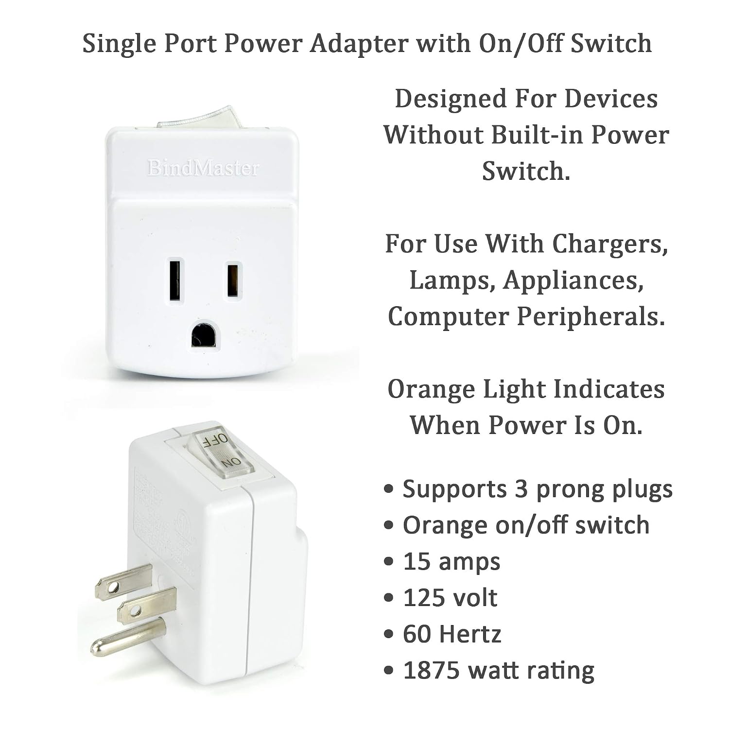 3 Prong Grounded Single Port Power Adapter with Indicator On/Off Switch (1 Pack)