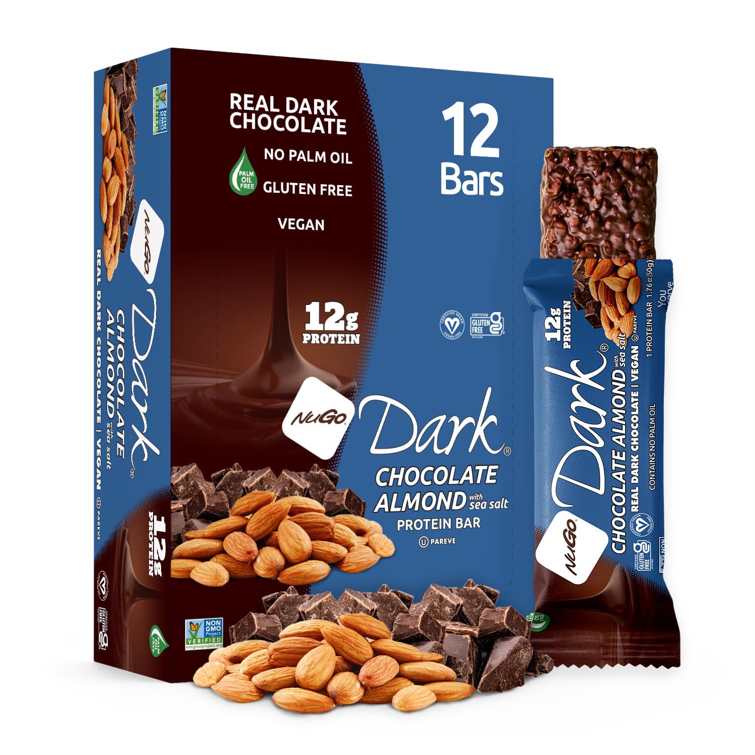 NuGo Dark, Mint Chocolate Chip, 13g Vegan Protein Bar, Gluten Free, 24 CT