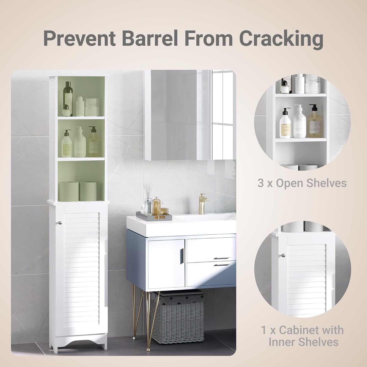 HOMCOM Tall Bathroom Storage Cabinet Freestanding with 3-Tier Shelf White | Linen Tower, Open Adjustable Shelf
