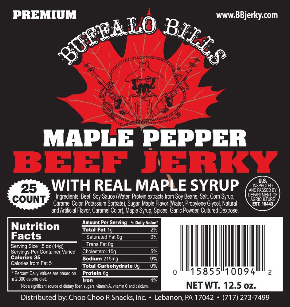 Buffalo Bills 16 Oz Premium Maple Beef Jerky Peppered Pieces in Random Size | Made In The USA, 100% US Beef, USDA Inspected, Whole Muscle Jerky, Real Maple Syrup & Fresh Cracked Black Pepper, Diet Snack