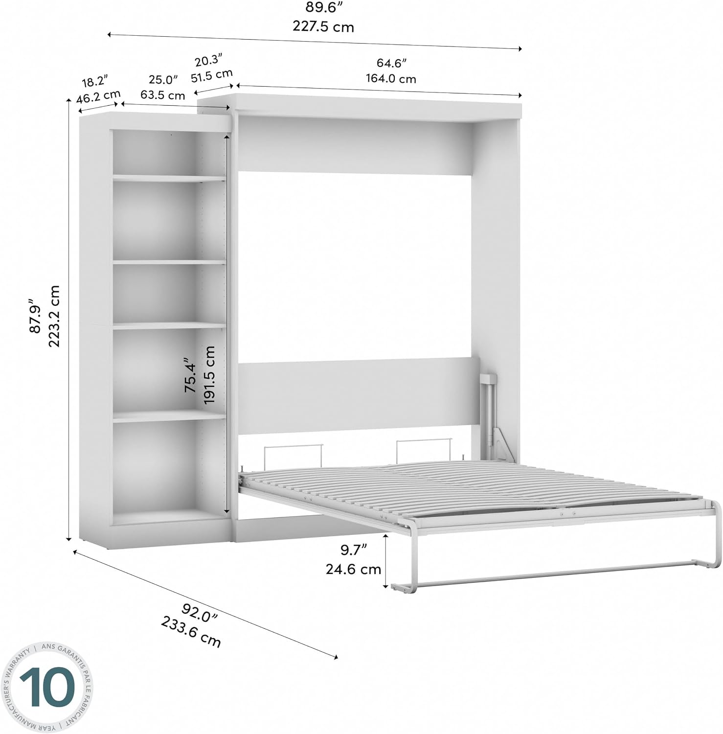 Bestar Pur Queen Murphy Bed, 65-inch Space-Saving Sleeping Arrangement for Multipurpose Area, Bedroom, Guest Room, or Living Room | Dual piston mechanism; for guest room or multipurpose space; Shaker-inspired trim with metal handles