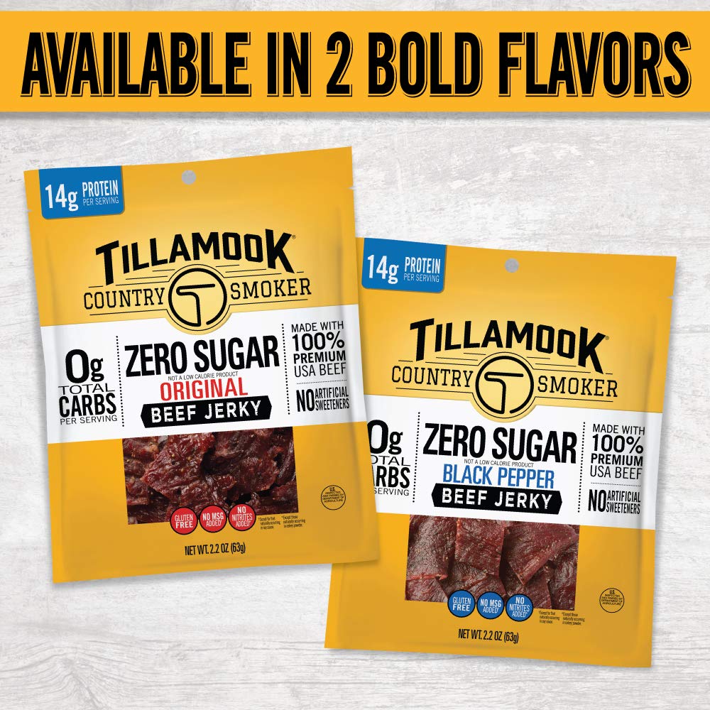 Tillamook Country Smoker Zero Sugar Original Beef Jerky Sticks, 6.5 Oz, 14g Protein, Real Hardwood Slow-Smoked, High Protein, Low Carb Meat Snacks, Keto-Friendly, 0g Sugar & Total Carbs