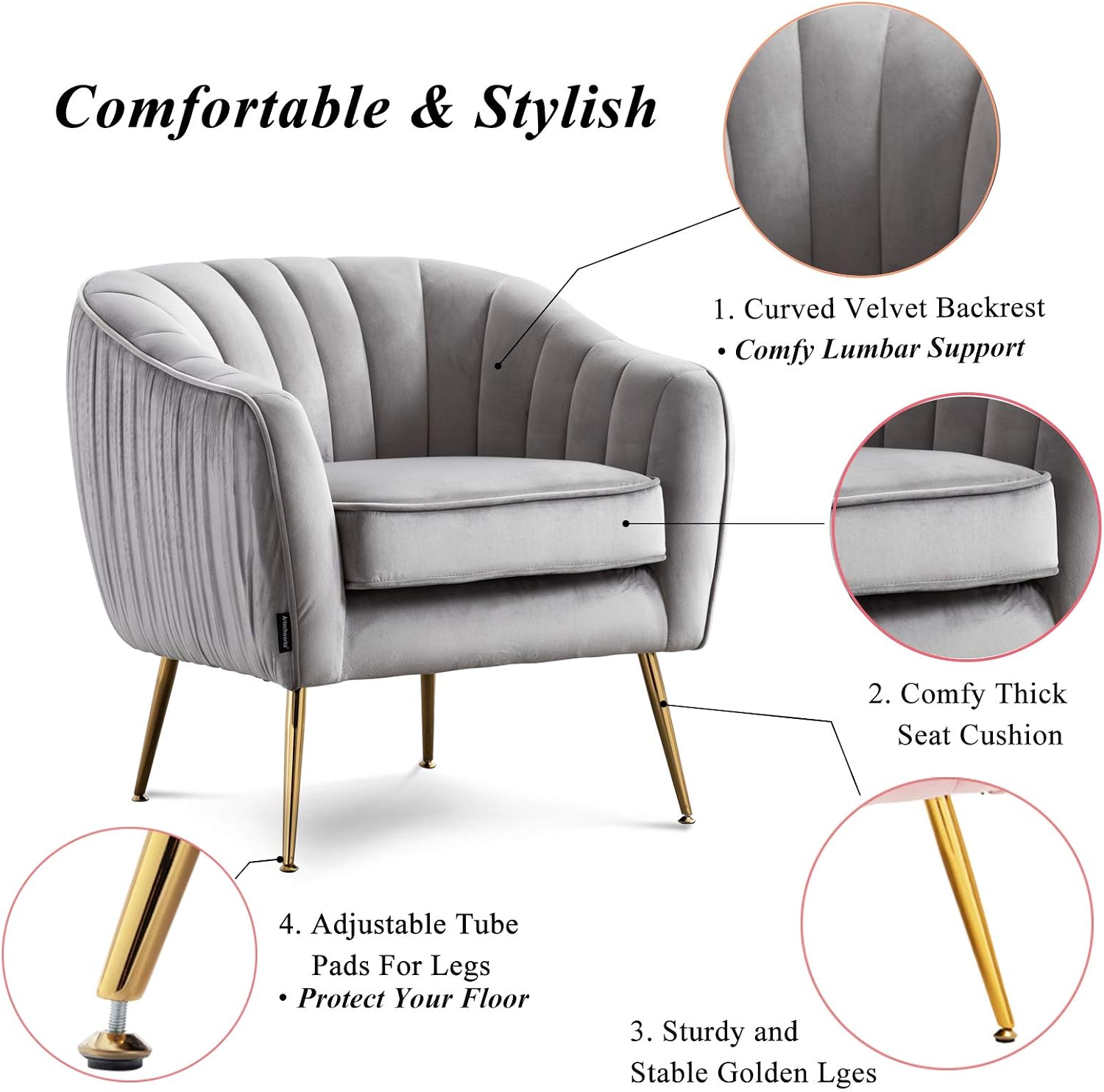 Velvet Modern Tub Barrel Arm Chair Upholstered Tufted with Gold Metal Legs Accent Club Chair with Ottoman Footrest for Living Reading Room Bedroom