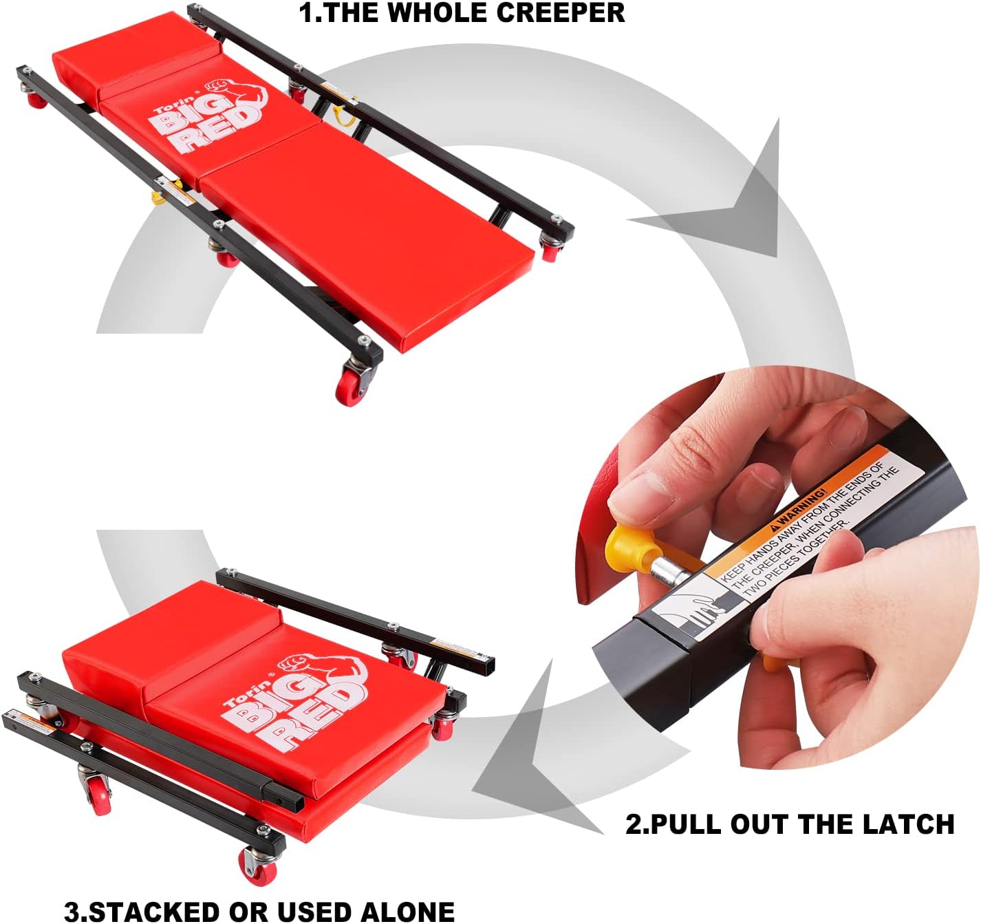 BIG RED TRP6240 Torin Blow Molded Plastic Rolling Garage/Shop Creeper: 40" Mechanic Cart with Padded Headrest, Dual Tool Trays and 6 Casters, Red