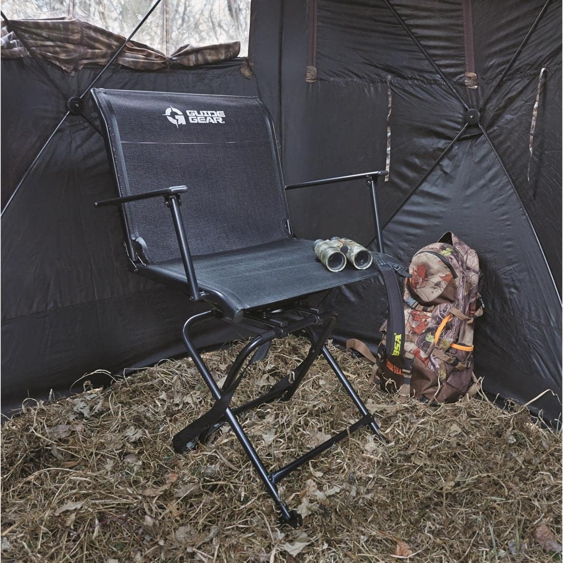 Guide Gear Big Boy Hunting Blind Chair with Armrests, Portable Folding Seat for Shooting, Comfortable Spin Swivel, 500-lb. Capacity