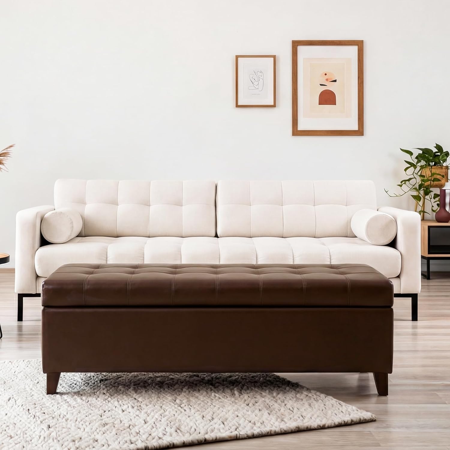 51 Inch Storage Bench,Leather Tufted Storage Ottoman with Legs | Safety Hinges,Wooden Legs,Upholstered,End of Bed,Bedroom,Living Room,Entryway,330LBS,Brown