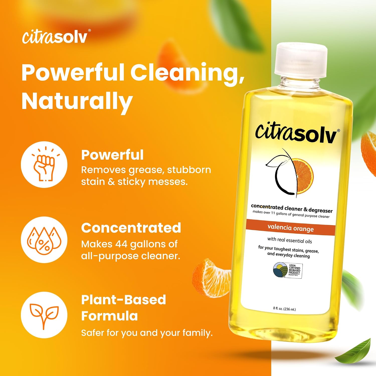 Citra Solv Concentrated Cleaner & Degreaser, Deodorizer, Home & Outdoor, Adhesive Remover, Paint Thinner, Natural Orange Oil, Valencia Orange 8 Fl Oz