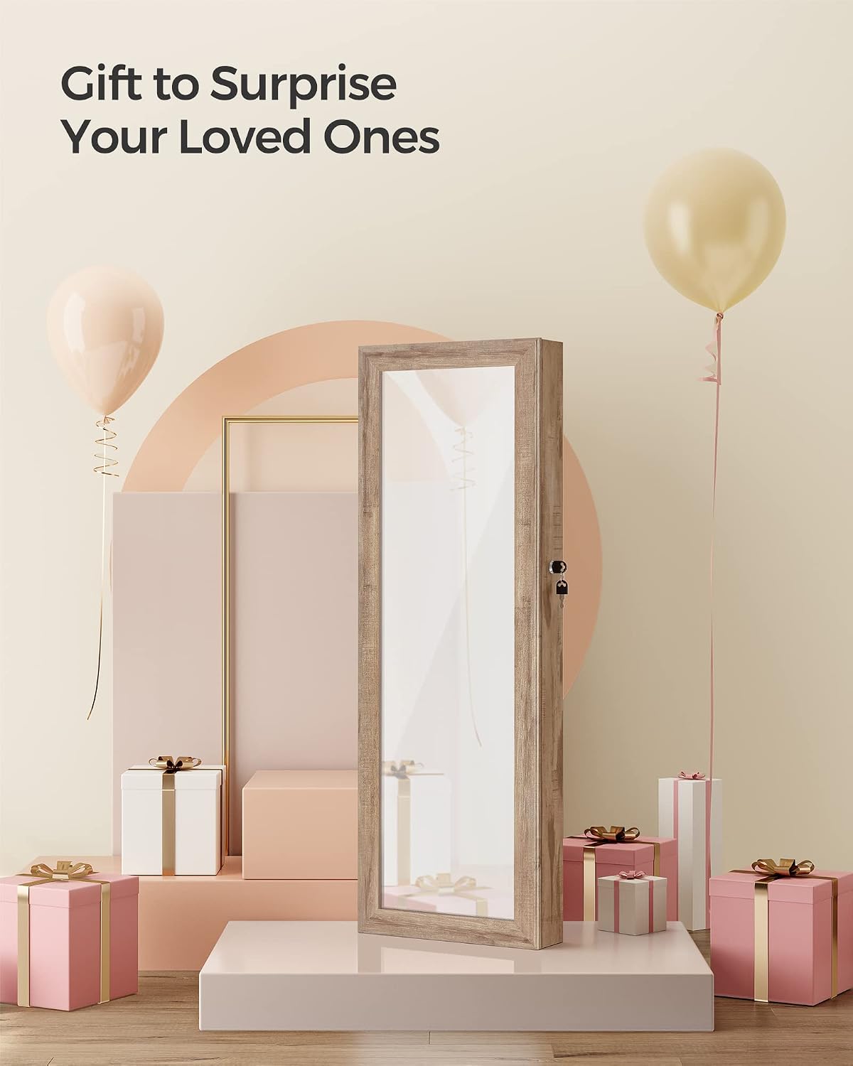 SONGMICS 6 LEDs Mirror Jewelry Cabinet, 47.2-Inch Tall Lockable Wall or Door Mounted Jewelry Armoire Organizer with Mirror, 2 Drawers, 3.9 x 14.6 x 47.2 Inches, White UJJC93W