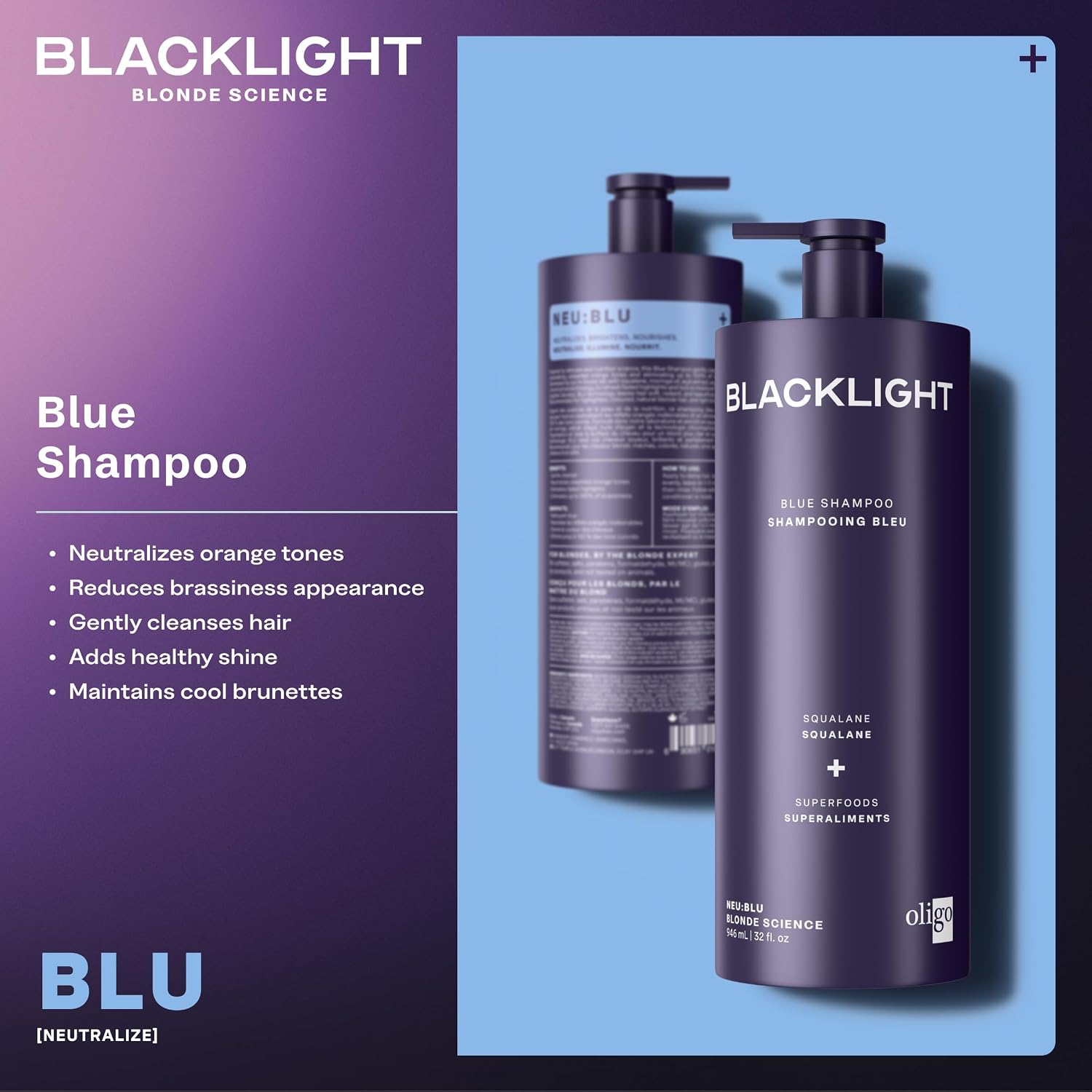 OLIGO PROFESSIONNEL - Blacklight Blue Shampoo - Sulfate-Free Blue Shampoo for Blonde and Color Hair - Revive Treated Hair - Refreshes Faded Highlights - 11 Amino Acids and Moisturizing Formula - 8.5oz