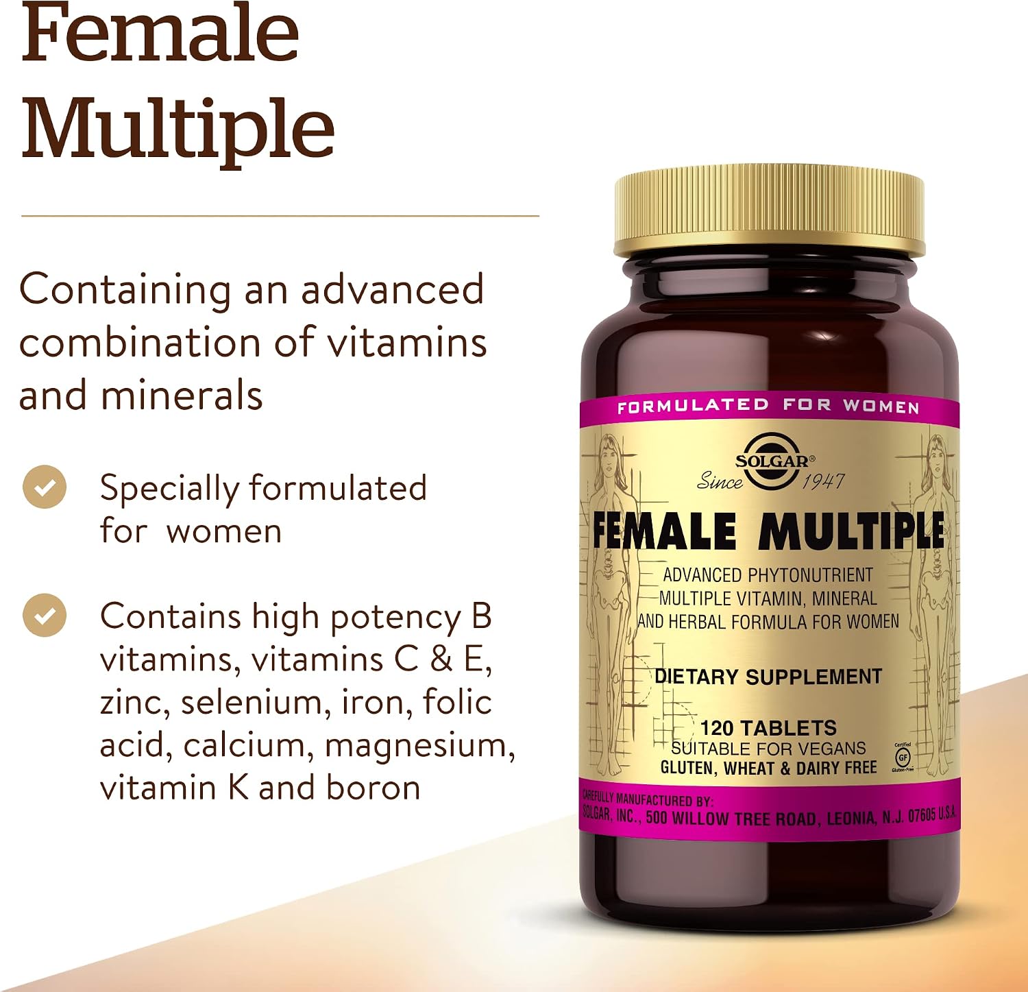 Solgar Female Multiple, 120 Tablets, Multivitamin, Mineral & Herbal Formula | For Women, Advanced Phytonutrient - Vegan, Gluten Free, Dairy Free