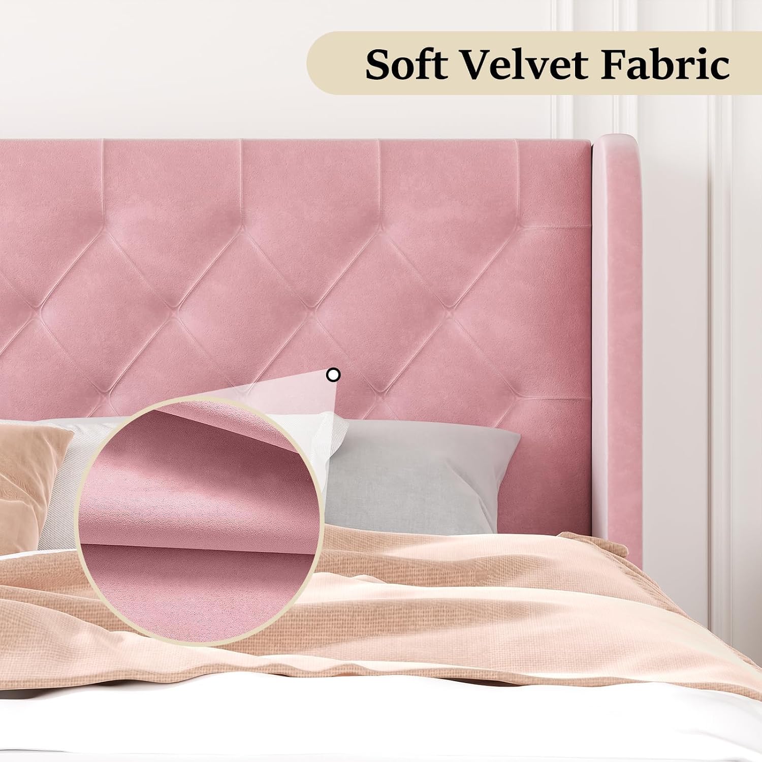 HOMBCK Full Size Bed Frame with Headboard, Upholstered Platform Bed, White | Velvet Tufted Curved Wingback/Wooden Slats Support/No Box Spring Needed/Noise-Free/Easy Assembly
