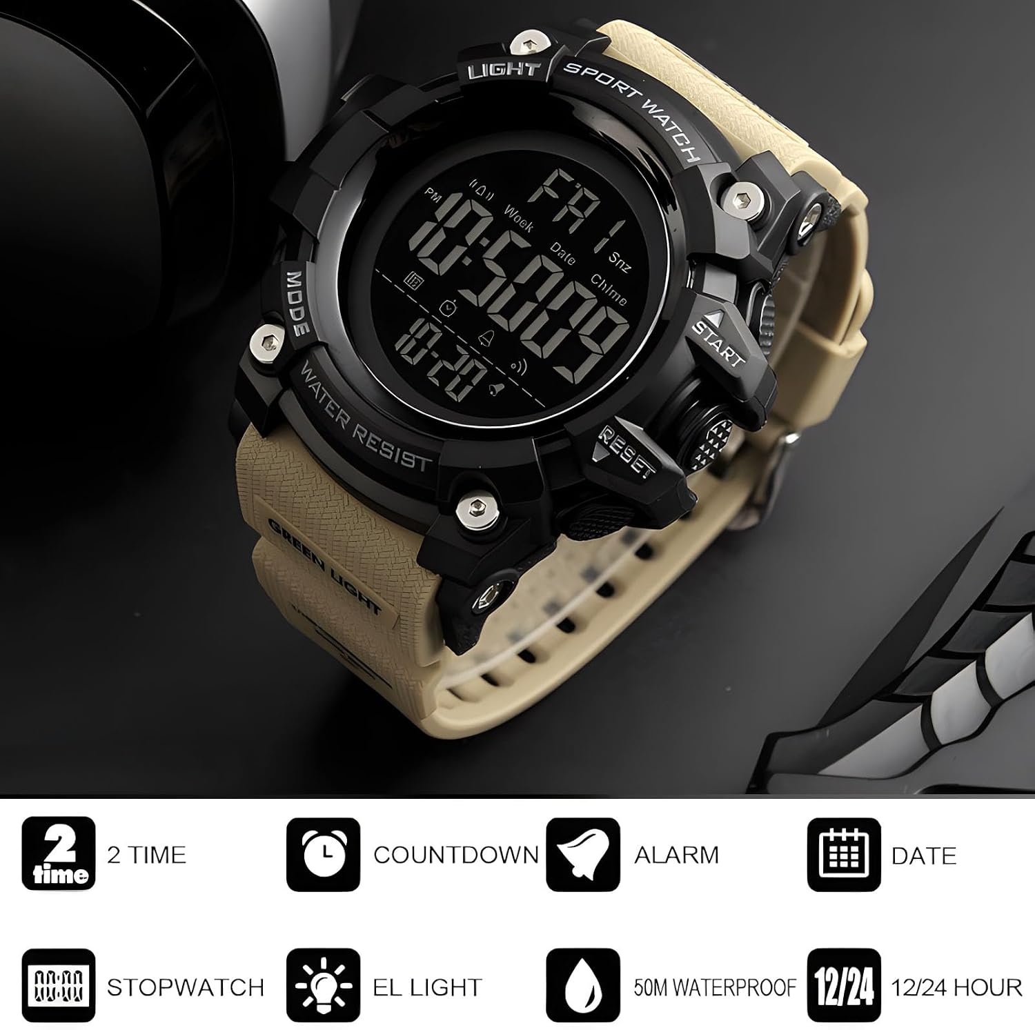 Gosasa Men Sport Watch Countdown Stopwatch Watch Mens Wrist Watch Waterproof LED Electronic Digital Male Watch 12/24 Hour Multifunctional Watch